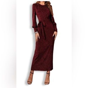 Maroon / Burgundy Bishop Sleeve Belted Glitter Maxi Dress New w/o Tags